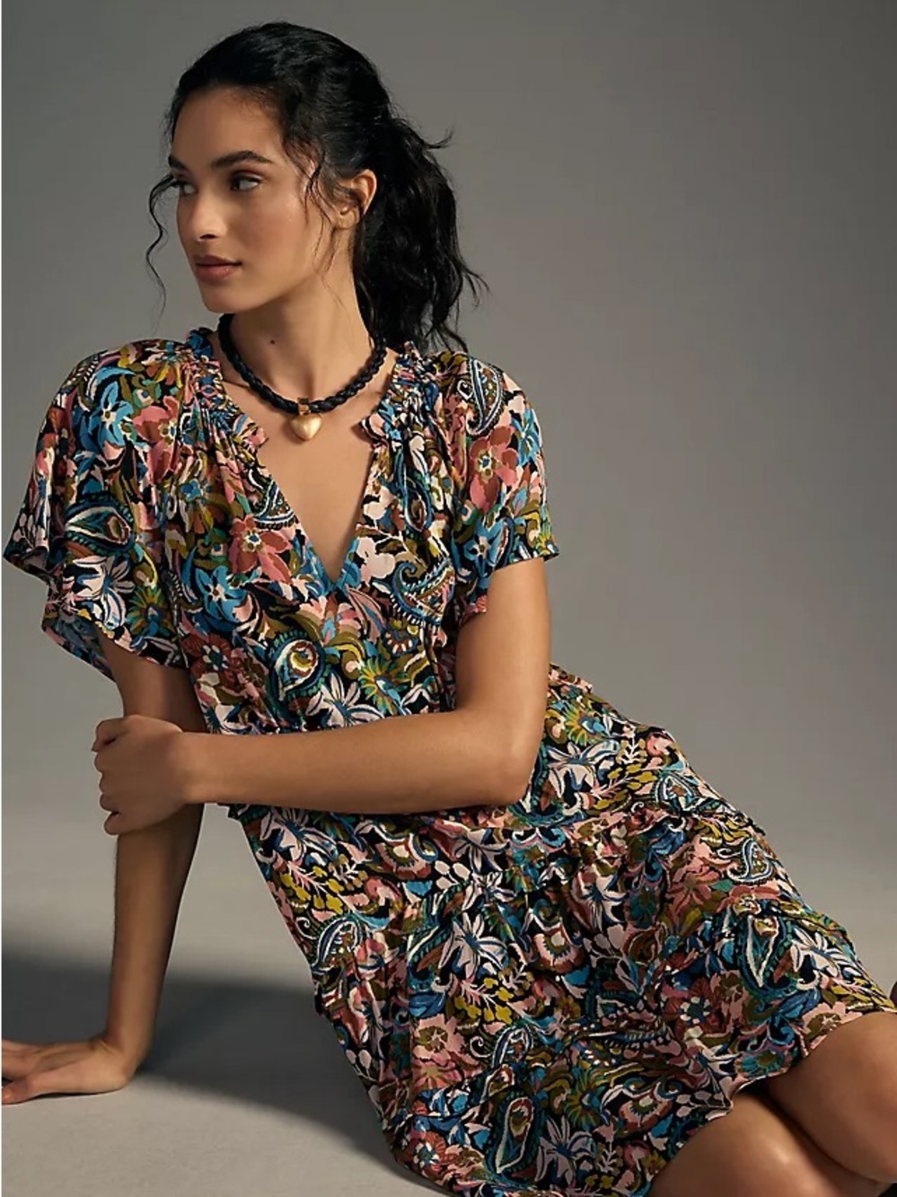 Anthropologe Floral Multicolor V-Neck Short Sleeve Dress